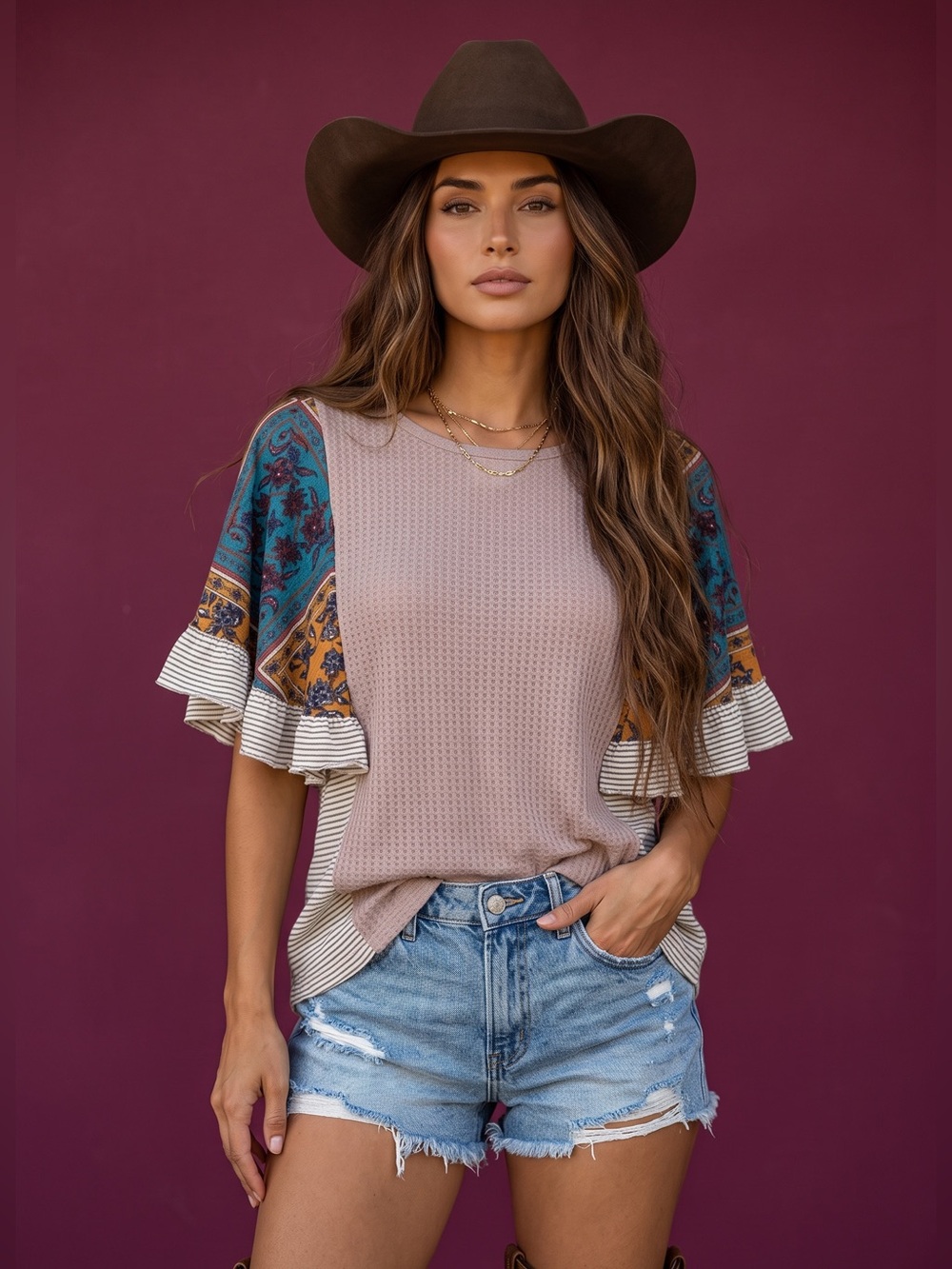 Taupe Mixed-Print Ruffle Sleeve Scoop Neck Sweater